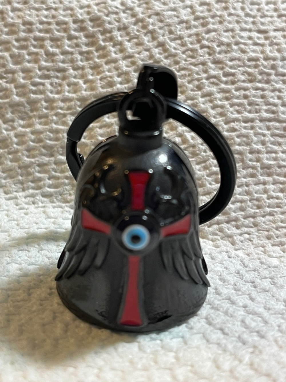 New in Pouch/Gift Box, Black Gremlin Bell Keychain-  Red Cross, Wings & evil eye
